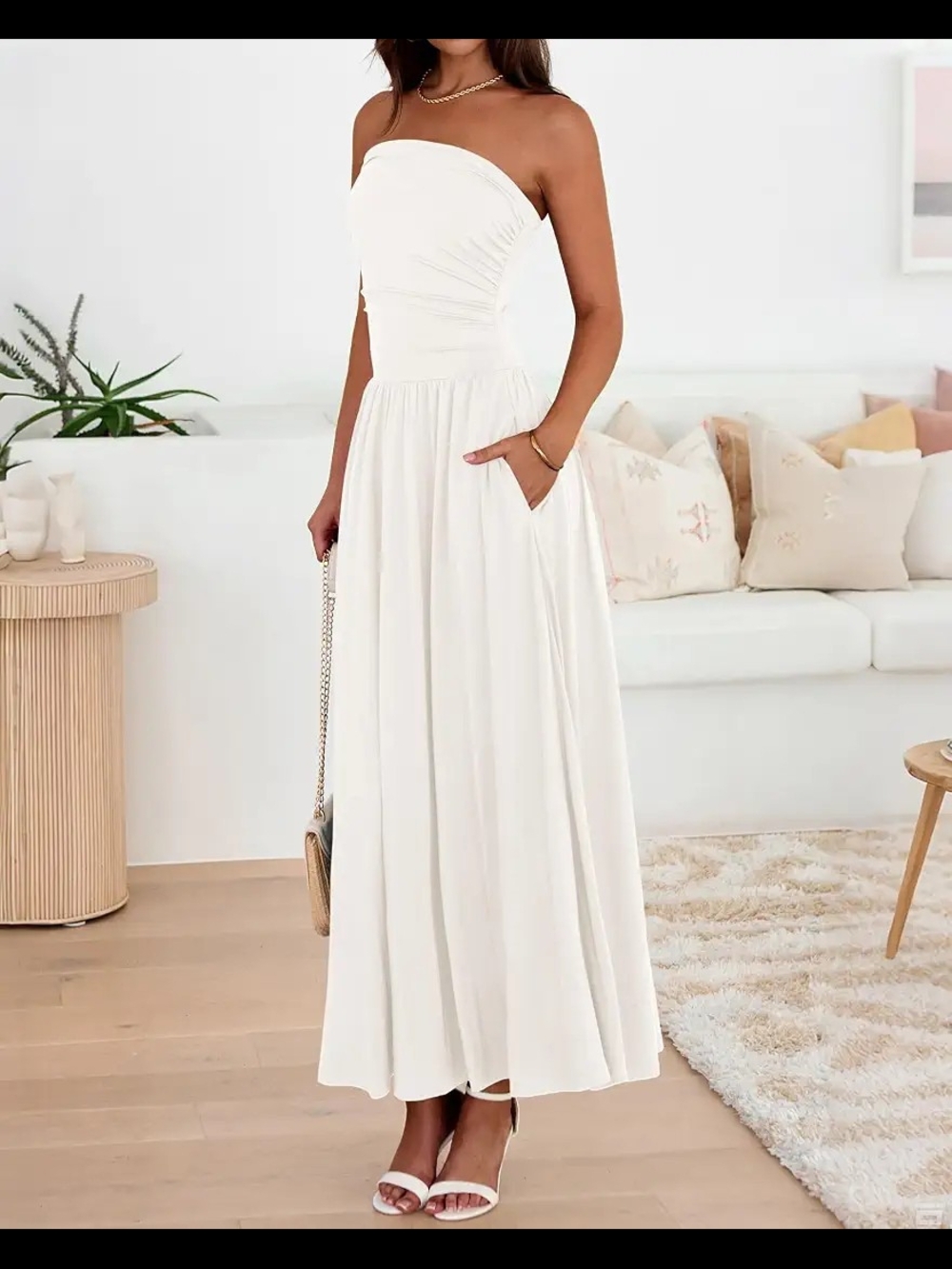 BTFBM Summer Maxi Dresses Strapless Ruched Tube Top Flowy Beach - Picture 2 of 12